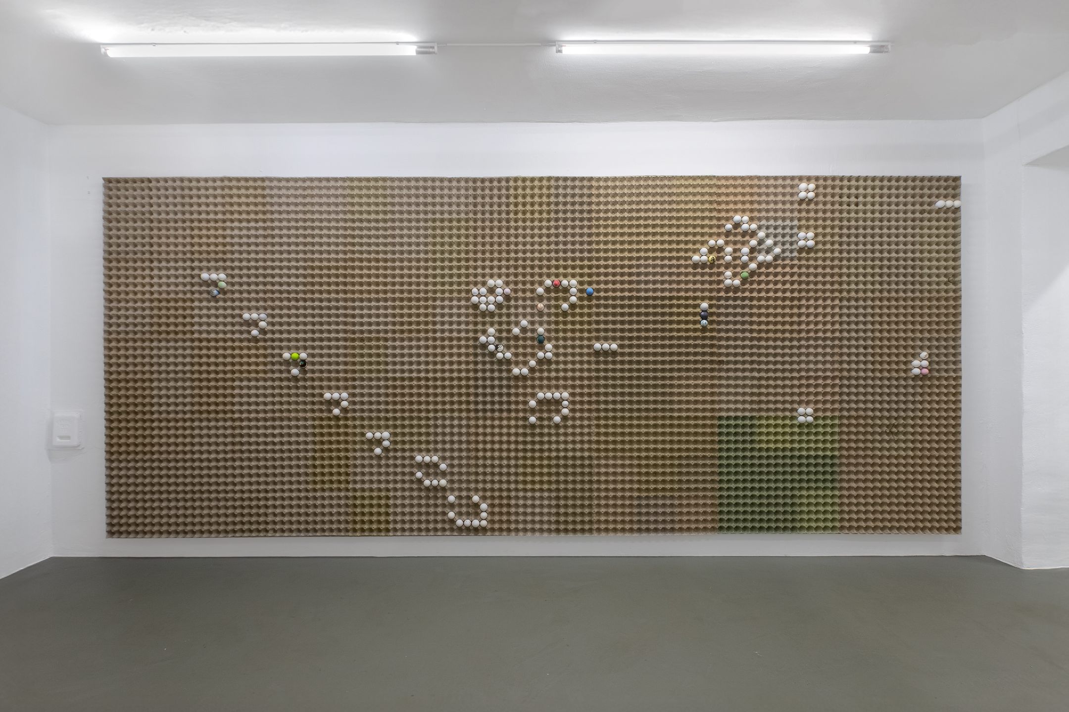 G&auml;nsehaut, 2025, egg trays, chicken eggs, percussion eggs, goose eggs, gouache, collage, 520 &times; 210 cm