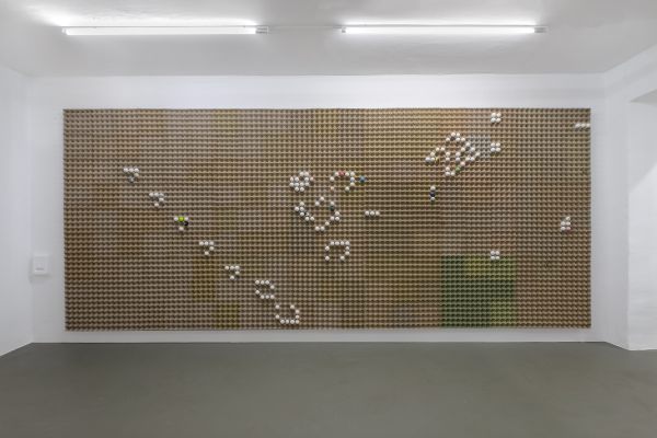 G&auml;nsehaut, 2025, egg trays, chicken eggs, percussion eggs, goose eggs, gouache, collage, 520 &times; 210 cm